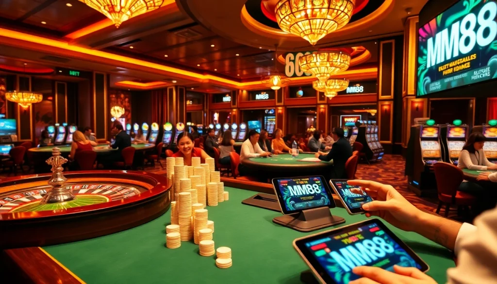 Experience the excitement of MM88 with players engaged in thrilling gambling activities at vibrant casino tables.