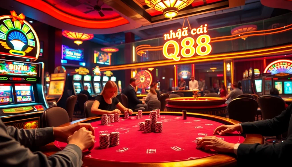 Players enjoying high-stakes poker at the nhà cái qq88 casino, surrounded by vibrant slot machines and a roulette wheel.