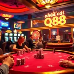 Players enjoying high-stakes poker at the nhà cái qq88 casino, surrounded by vibrant slot machines and a roulette wheel.