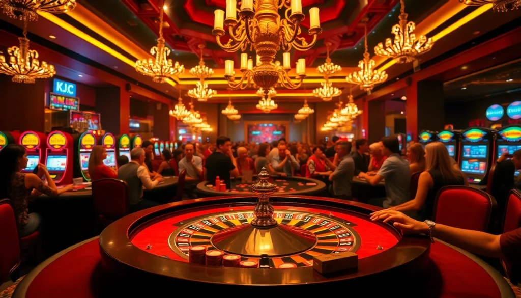 KJC casino scene capturing players intensely focused at a poker table with vibrant slot machines in the background.