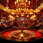 KJC casino scene capturing players intensely focused at a poker table with vibrant slot machines in the background.