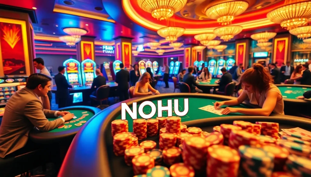 NOHU casino scene featuring poker gameplay with vibrant chips and cards.