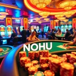 NOHU casino scene featuring poker gameplay with vibrant chips and cards.