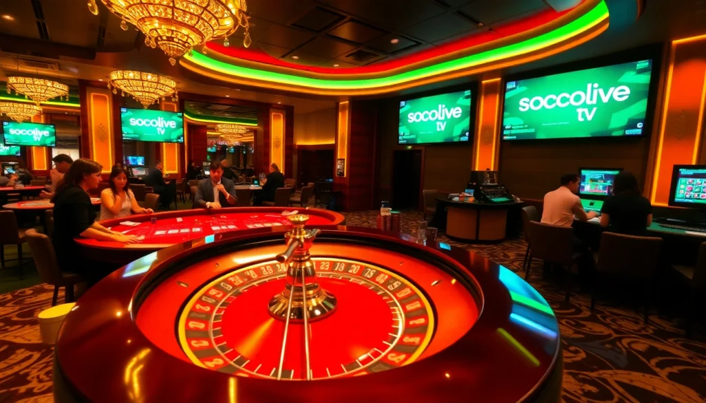 Socolive tv excitement as players engaged at a vibrant casino roulette table, showcasing live betting.
