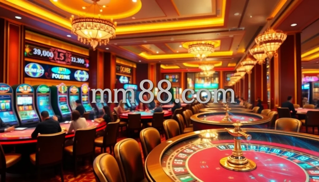 Gamblers engaged at tables in a lively casino setting, showcasing mm88 com's vibrant gaming experience.