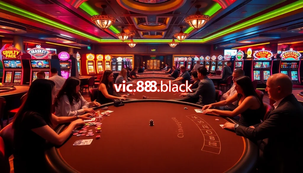A thrilling casino scene at vic88.black showcasing players engaged at poker and roulette tables with colorful chips and vibrant lights.