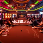 A thrilling casino scene at vic88.black showcasing players engaged at poker and roulette tables with colorful chips and vibrant lights.