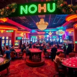 NOHU hosts an exhilarating casino environment featuring gamblers at roulette and poker tables, full of energy.