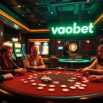 Players at a high-stakes poker table with vaobet branding, colorful chips, and an engaging atmosphere.