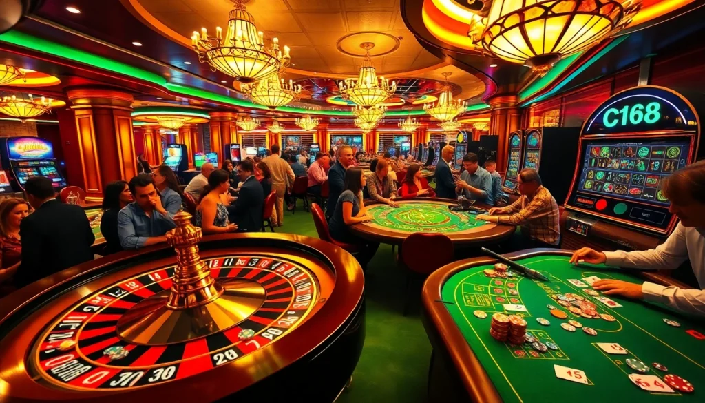 Casino scene showcasing C168 Jackpot on a slot machine amidst lively players at blackjack and roulette tables.