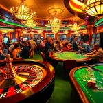 Casino scene showcasing C168 Jackpot on a slot machine amidst lively players at blackjack and roulette tables.