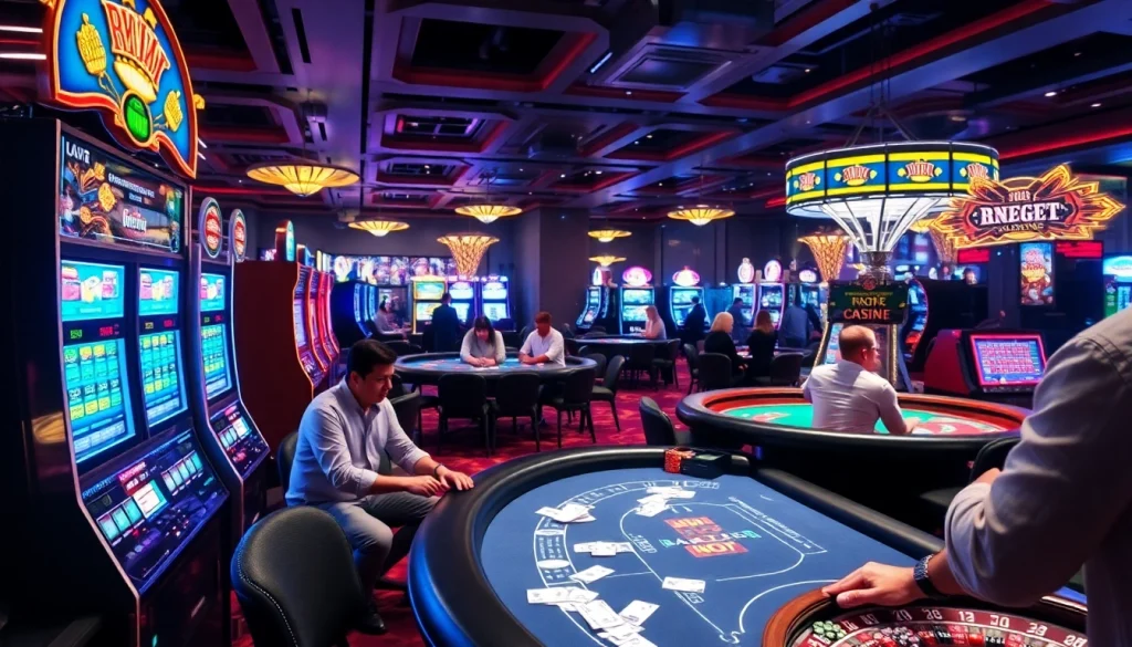 Experience the thrill of gambling at https://nhacaita88.contact/ with lively casino games, players at poker tables, and vibrant slot machines.