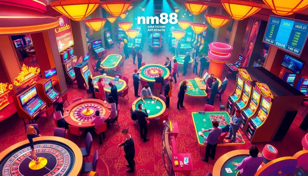 Experience the thrill of mm88 at a bustling casino with lively gaming tables and players celebrating their wins.