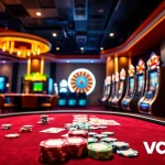 Experience thrilling action at vaobet's vibrant casino tables with poker chips and roulette wheels.
